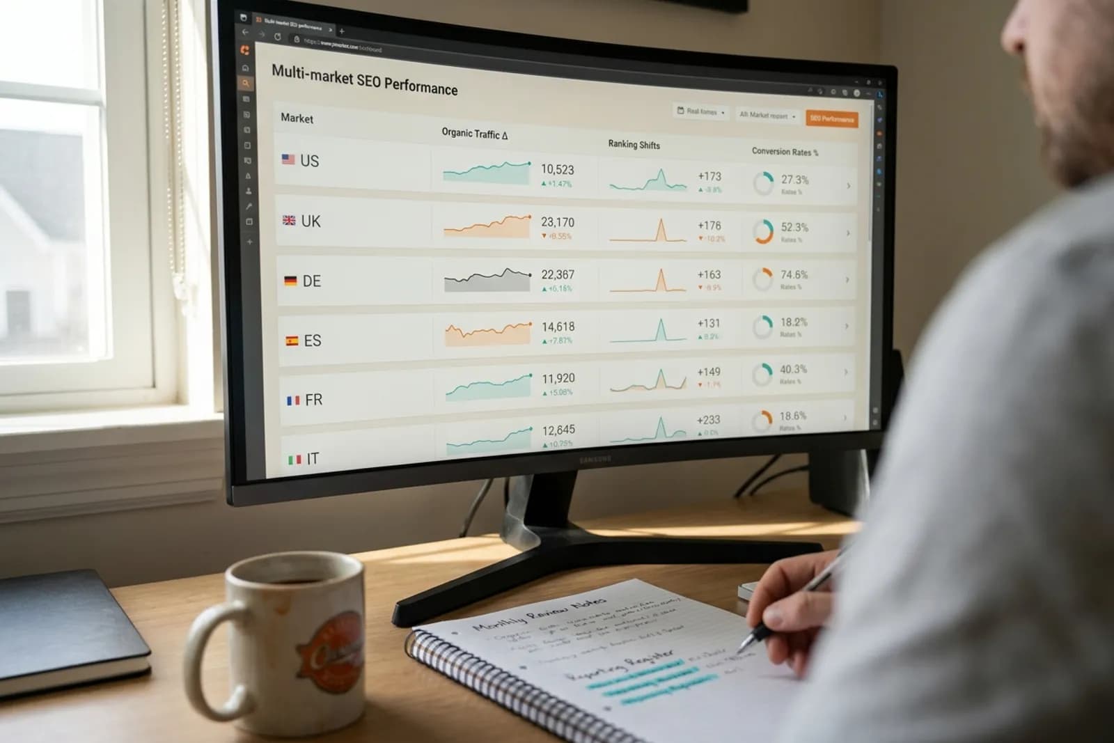 Multi-market SEO performance dashboard with rows per country showing organic traffic, ranking shifts, and conversion rates